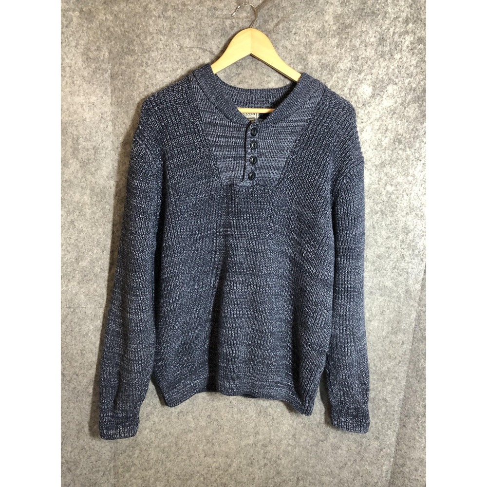 L.L.Bean Sweater Mens Large Blue Henley 4 Button Cotton Knit Marled Raglan - Picture 3 of 7